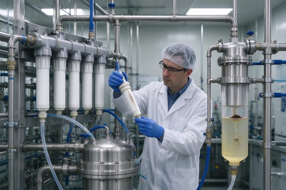 Technician inspecting cartridges in an industrial filtration system