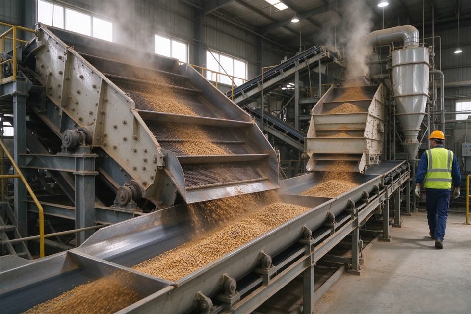 Industrial screening equipment separating granular material
