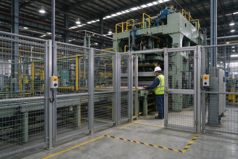 Wire mesh safety fencing surrounding industrial machinery