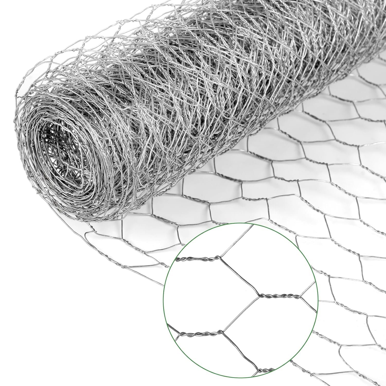 Close-up of galvanized hexagonal wire mesh held by hand